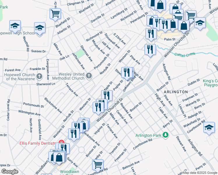 map of restaurants, bars, coffee shops, grocery stores, and more near 2808 Maple Street in Hopewell