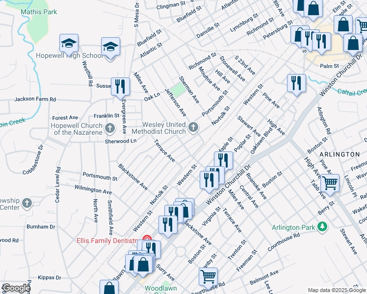 map of restaurants, bars, coffee shops, grocery stores, and more near 3006 Norfolk Street in Hopewell