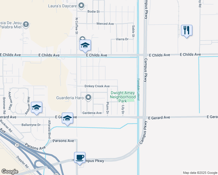 map of restaurants, bars, coffee shops, grocery stores, and more near 305 Daisy Court in Merced