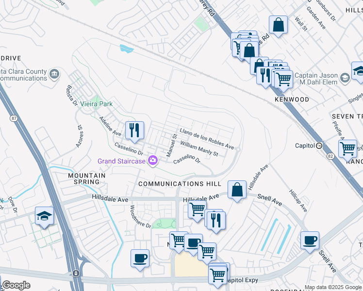 map of restaurants, bars, coffee shops, grocery stores, and more near 280 William Manly Street in San Jose