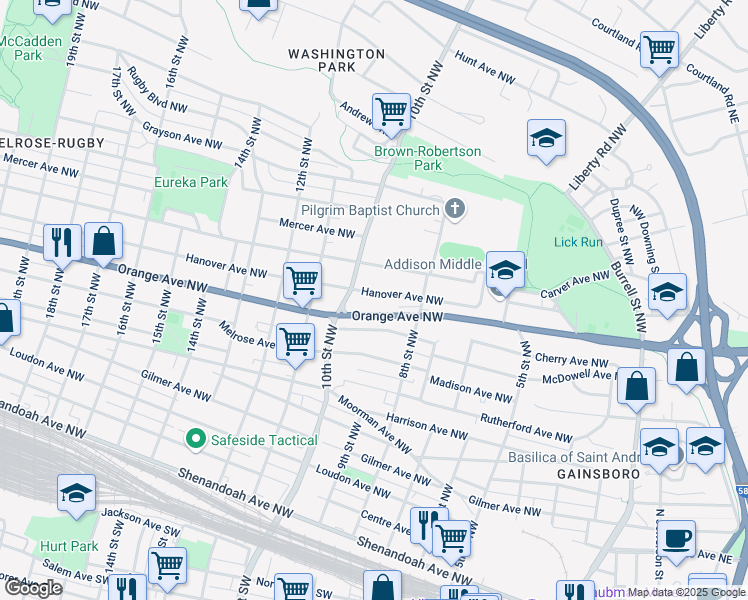 map of restaurants, bars, coffee shops, grocery stores, and more near 899 10th Street Northwest in Roanoke