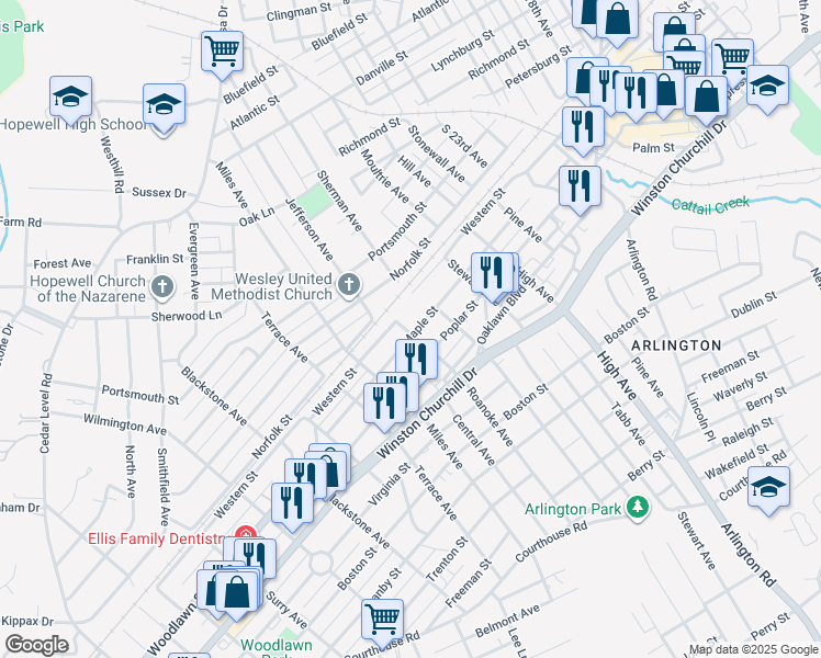 map of restaurants, bars, coffee shops, grocery stores, and more near 2811 Maple Street in Hopewell