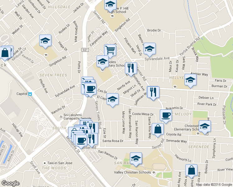 map of restaurants, bars, coffee shops, grocery stores, and more near 362 Nerdy Ave in San Jose