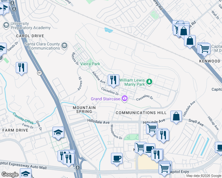 map of restaurants, bars, coffee shops, grocery stores, and more near 465 Casselino Drive in San Jose