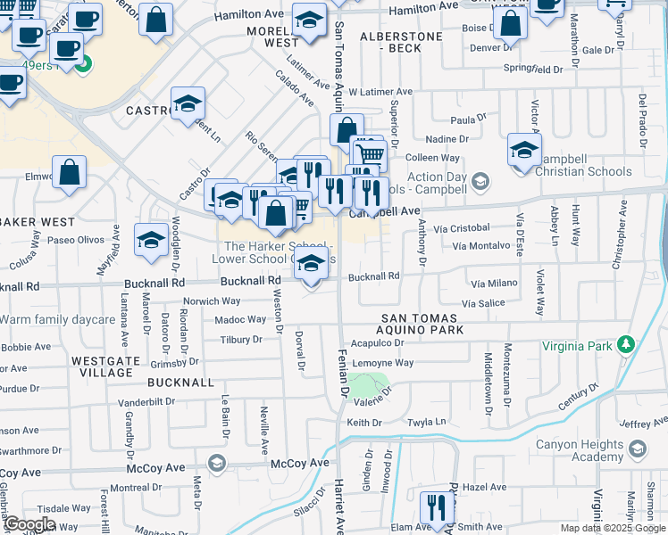 map of restaurants, bars, coffee shops, grocery stores, and more near 136 English Rose Circle in Campbell