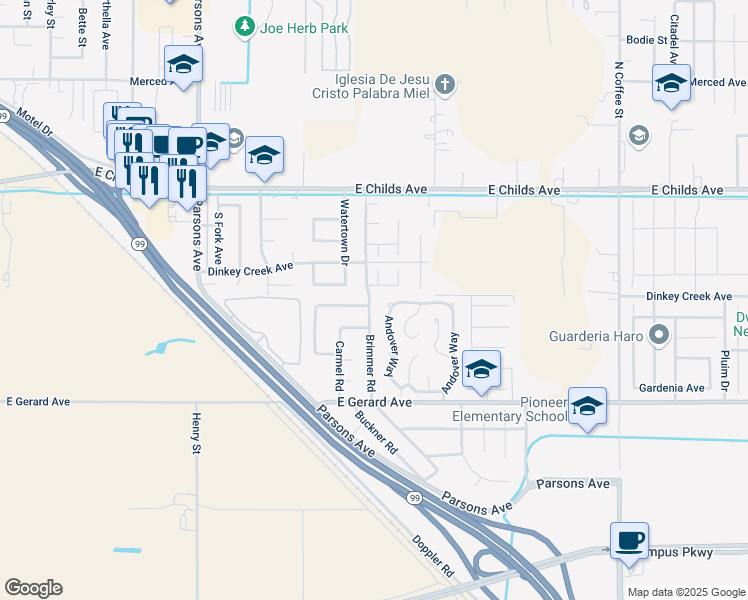 map of restaurants, bars, coffee shops, grocery stores, and more near 296 Brimmer Road in Merced