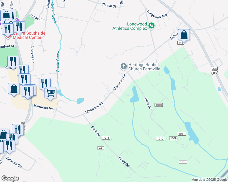 map of restaurants, bars, coffee shops, grocery stores, and more near Milnwood Road in Farmville