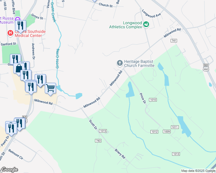 map of restaurants, bars, coffee shops, grocery stores, and more near 827-903 Milnwood Rd in Farmville