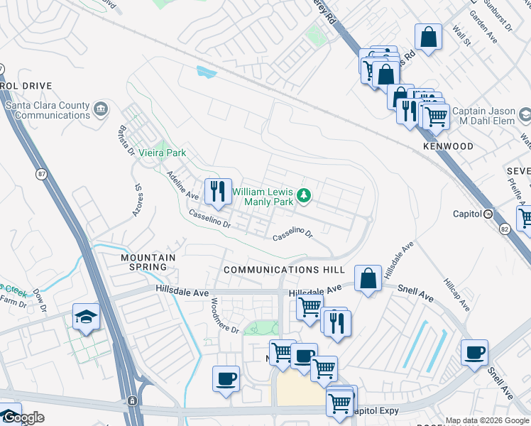 map of restaurants, bars, coffee shops, grocery stores, and more near 3079 Manuel Loop in San Jose