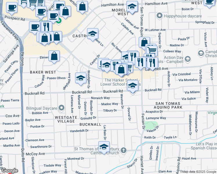map of restaurants, bars, coffee shops, grocery stores, and more near 127 Winslow Court in Campbell