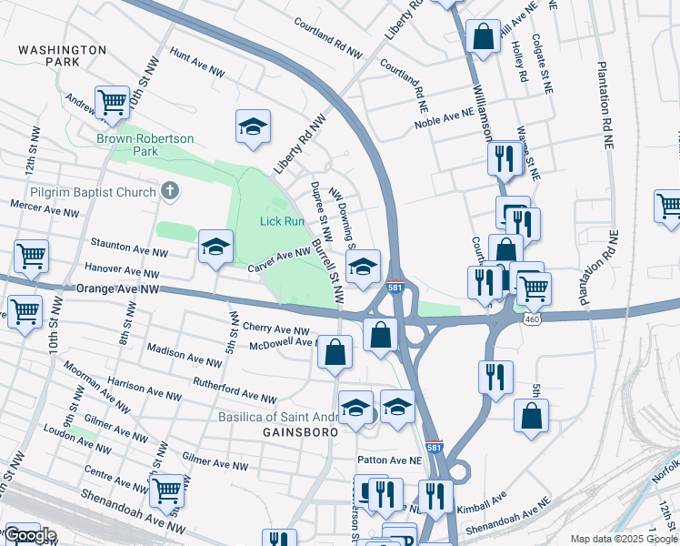map of restaurants, bars, coffee shops, grocery stores, and more near 1413 Burrell Street Northwest in Roanoke