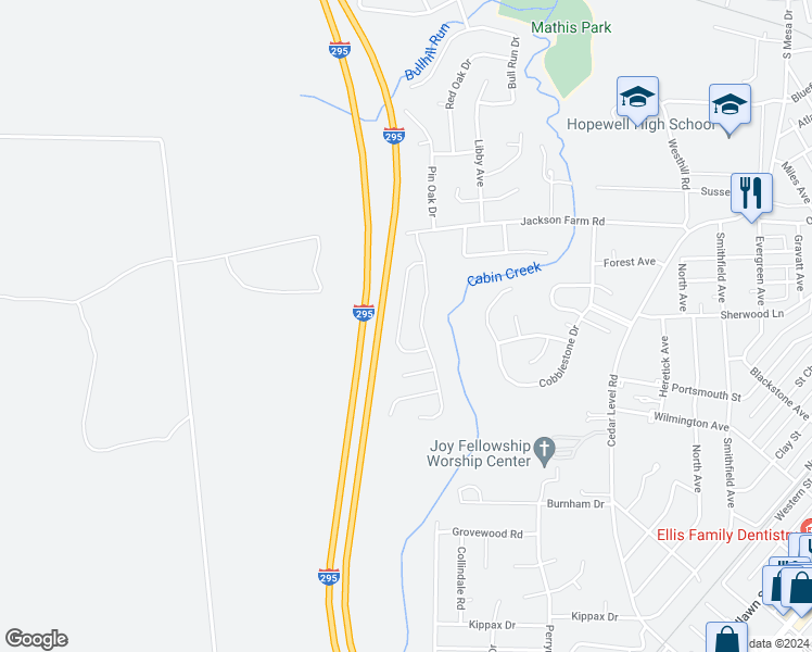 map of restaurants, bars, coffee shops, grocery stores, and more near 3923 Shenandoah Circle in Hopewell