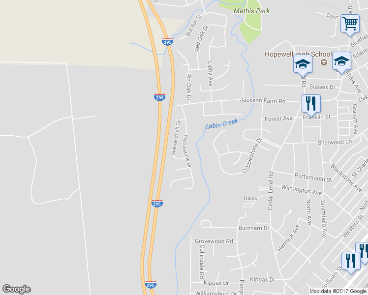 map of restaurants, bars, coffee shops, grocery stores, and more near 617 Yellowstone Drive in Hopewell