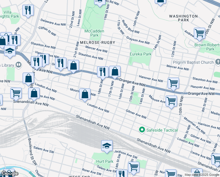 map of restaurants, bars, coffee shops, grocery stores, and more near 1702 Melrose Ave NW in Roanoke