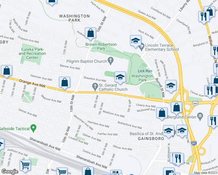 map of restaurants, bars, coffee shops, grocery stores, and more near 707 Hanover Avenue Northwest in Roanoke
