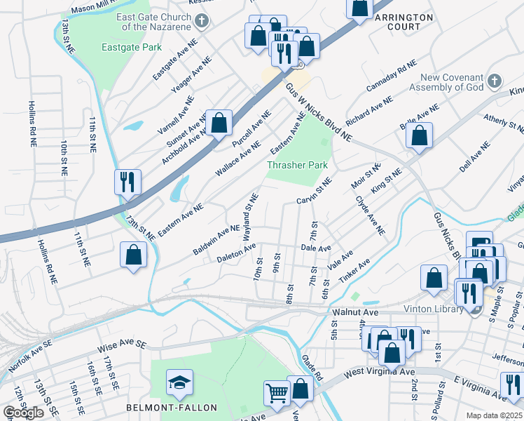 map of restaurants, bars, coffee shops, grocery stores, and more near 722 Conway Street Northeast in Roanoke