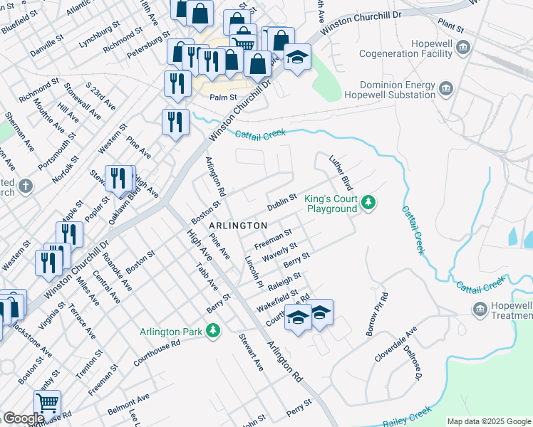 map of restaurants, bars, coffee shops, grocery stores, and more near 2306 Dublin Street in Hopewell