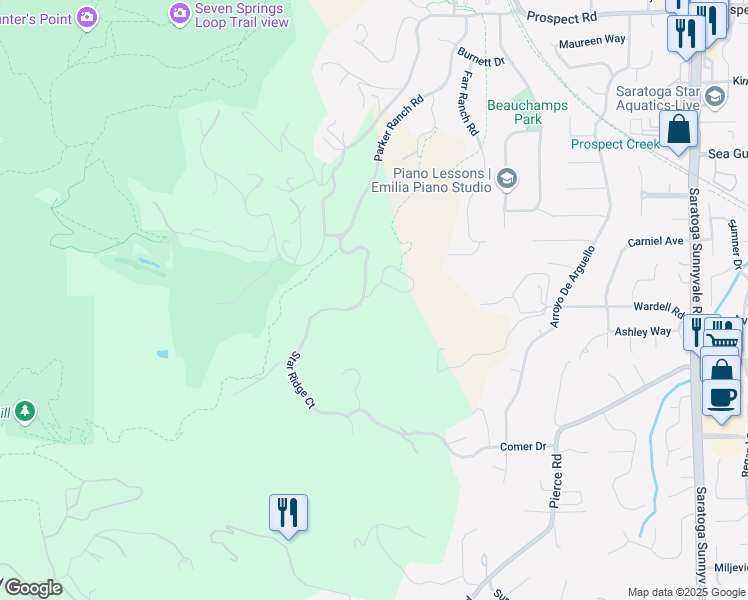 map of restaurants, bars, coffee shops, grocery stores, and more near 21415 Continental Circle in Saratoga