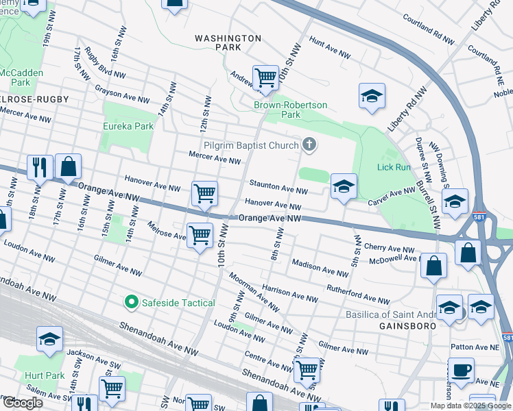 map of restaurants, bars, coffee shops, grocery stores, and more near 906 Hanover Avenue Northwest in Roanoke