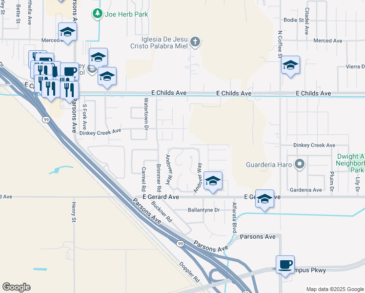 map of restaurants, bars, coffee shops, grocery stores, and more near 2499 East Gerard Avenue in Merced