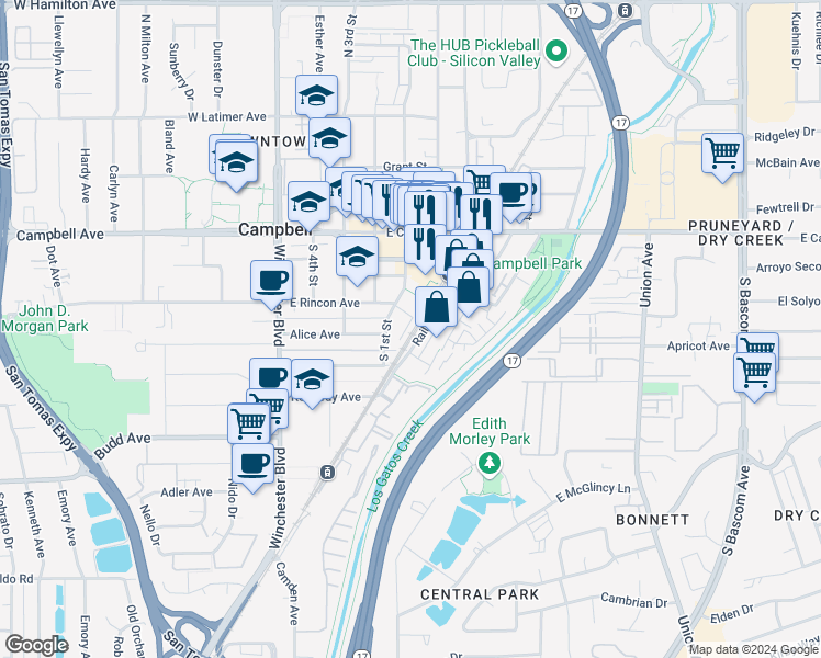 map of restaurants, bars, coffee shops, grocery stores, and more near 113 George Court in Campbell
