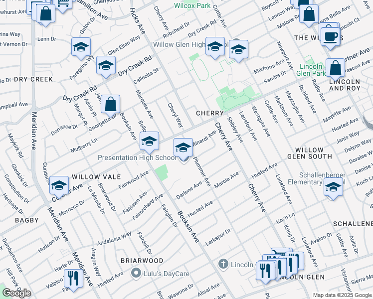 map of restaurants, bars, coffee shops, grocery stores, and more near 2267 Plummer Avenue in San Jose