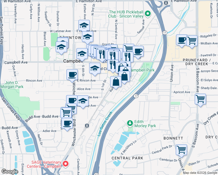 map of restaurants, bars, coffee shops, grocery stores, and more near 113 George Court in Campbell
