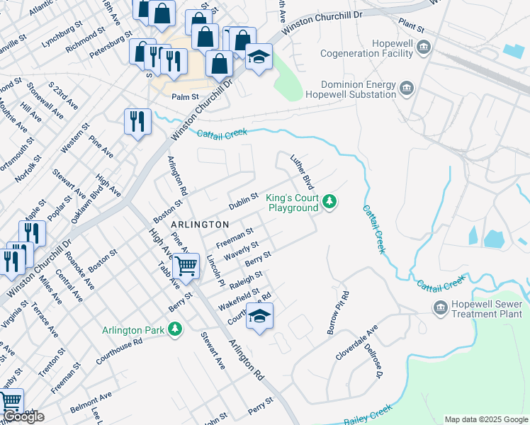map of restaurants, bars, coffee shops, grocery stores, and more near 2112 Trenton Street in Hopewell
