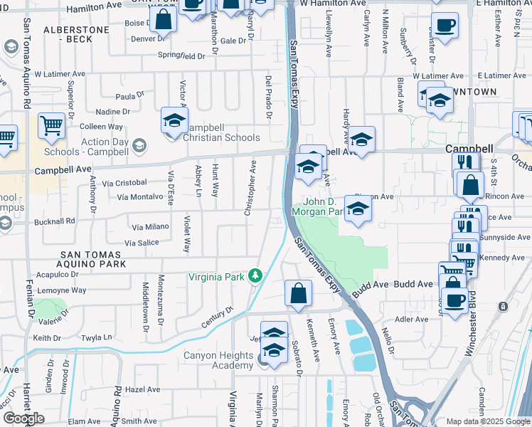 map of restaurants, bars, coffee shops, grocery stores, and more near 692 Bucknall Road in Campbell