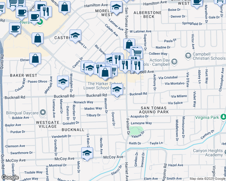 map of restaurants, bars, coffee shops, grocery stores, and more near 1665 Whitwood Lane in Campbell