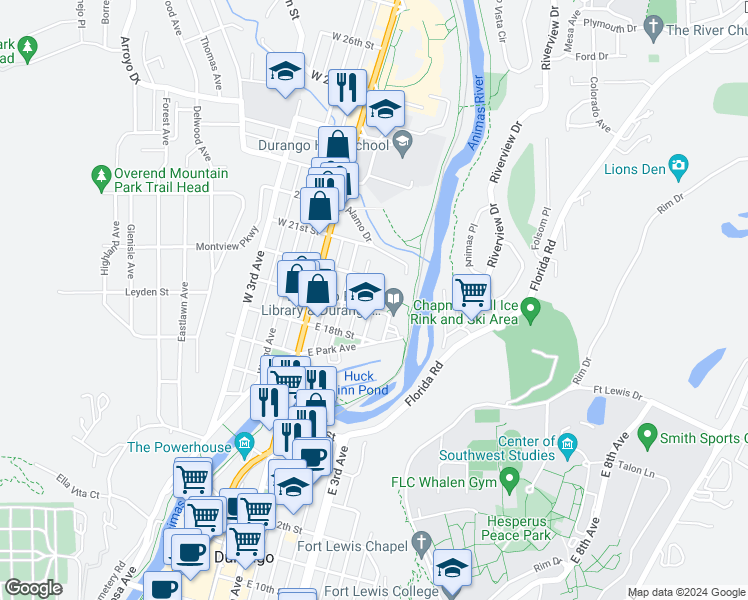 map of restaurants, bars, coffee shops, grocery stores, and more near East 3rd Avenue in Durango