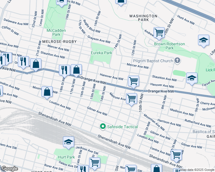 map of restaurants, bars, coffee shops, grocery stores, and more near 1326 Orange Avenue Northwest in Roanoke