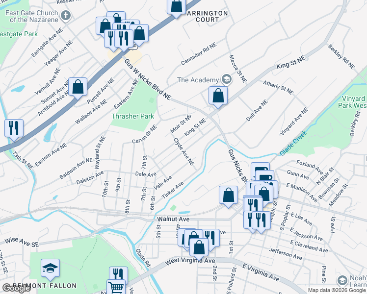 map of restaurants, bars, coffee shops, grocery stores, and more near 2247 King Street Northeast in Roanoke