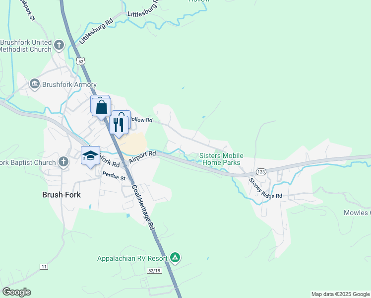 map of restaurants, bars, coffee shops, grocery stores, and more near 225 Covemont Loop in Bluefield