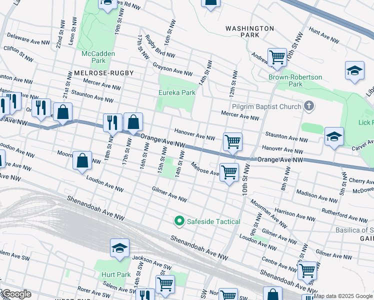 map of restaurants, bars, coffee shops, grocery stores, and more near 1326 Orange Avenue Northwest in Roanoke