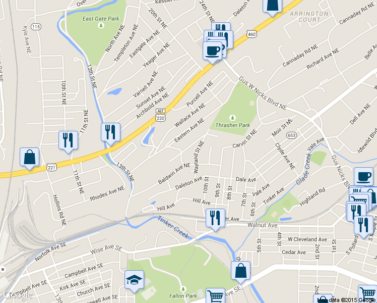map of restaurants, bars, coffee shops, grocery stores, and more near 1609 Edmund Avenue Northeast in Roanoke