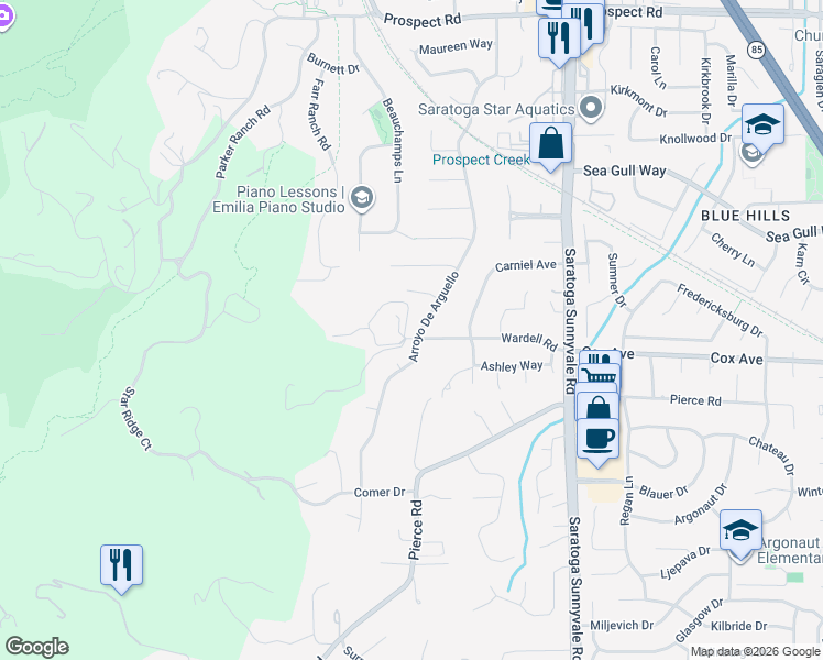 map of restaurants, bars, coffee shops, grocery stores, and more near 12675 Arroyo De Arguello in Saratoga