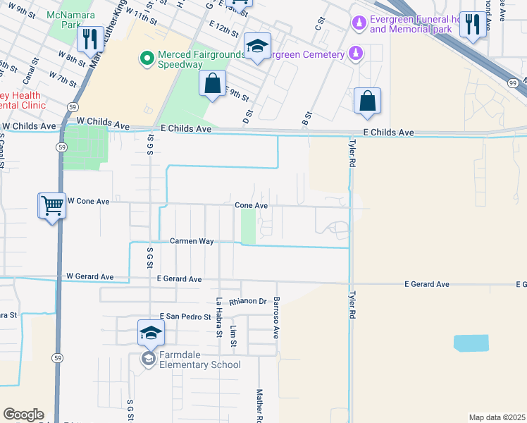 map of restaurants, bars, coffee shops, grocery stores, and more near 500 Cone Avenue in Merced