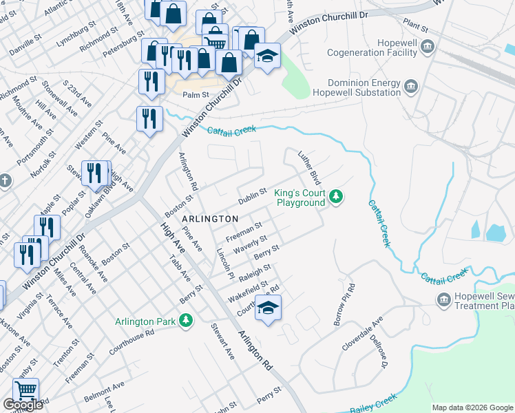 map of restaurants, bars, coffee shops, grocery stores, and more near 2205 Trenton Street in Hopewell