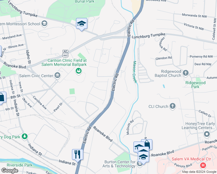map of restaurants, bars, coffee shops, grocery stores, and more near 630 Catawba Drive in Salem