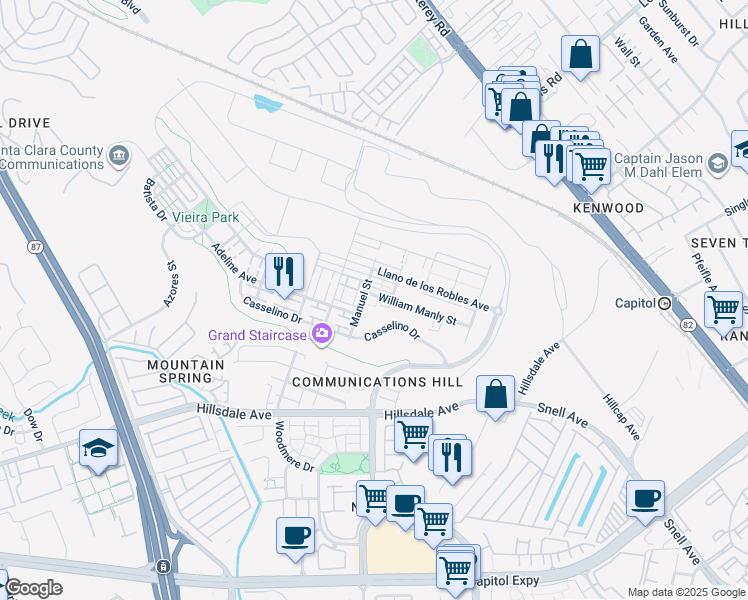 map of restaurants, bars, coffee shops, grocery stores, and more near 280 William Manly Street in San Jose