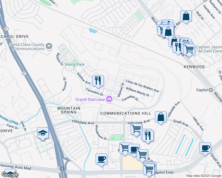 map of restaurants, bars, coffee shops, grocery stores, and more near 3078 Lina Loop in San Jose