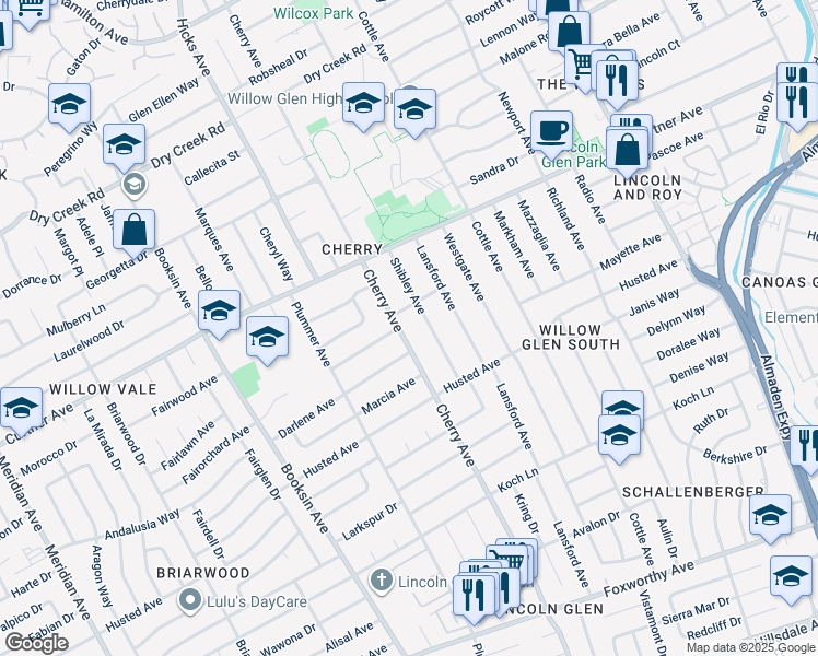 map of restaurants, bars, coffee shops, grocery stores, and more near 2334 Cherry Avenue in San Jose