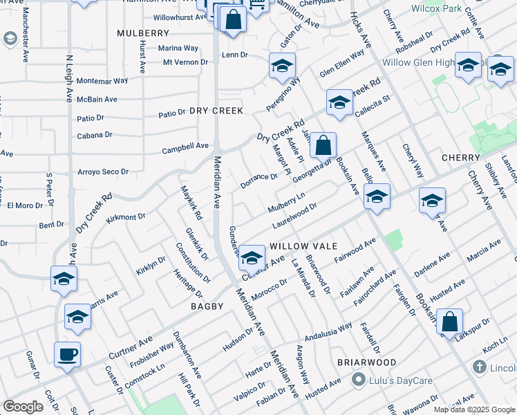 map of restaurants, bars, coffee shops, grocery stores, and more near 2142 Cedarwood Lane in San Jose