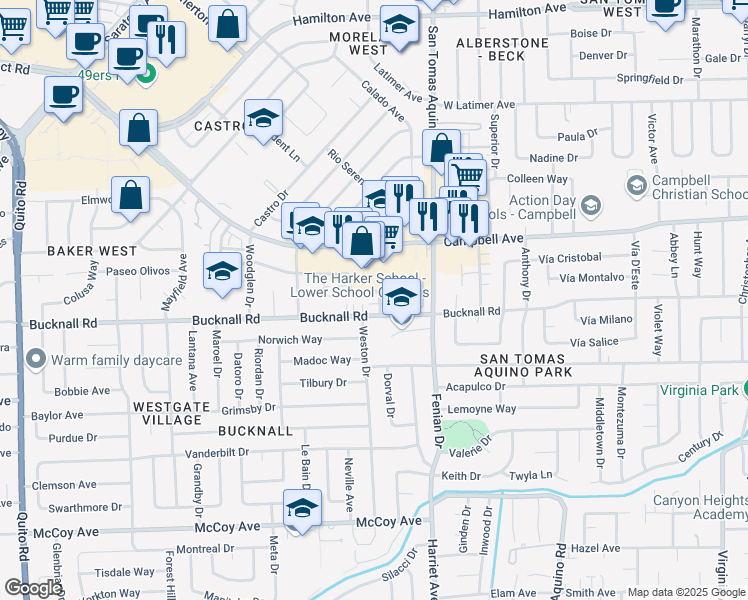map of restaurants, bars, coffee shops, grocery stores, and more near 1665 Whitwood Lane in Campbell