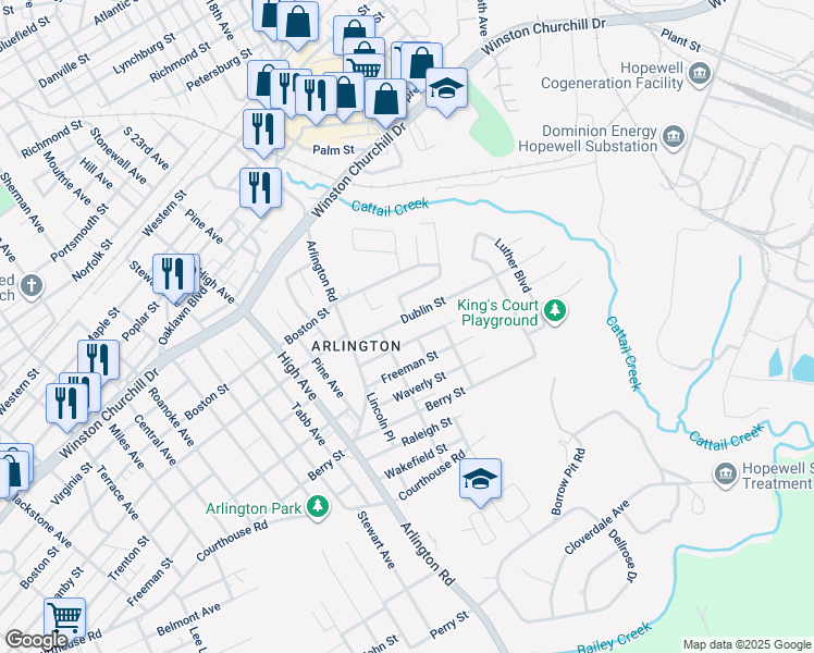 map of restaurants, bars, coffee shops, grocery stores, and more near 2306 Dublin Street in Hopewell