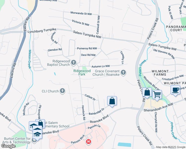 map of restaurants, bars, coffee shops, grocery stores, and more near 4841 Oak Rd NW in Roanoke