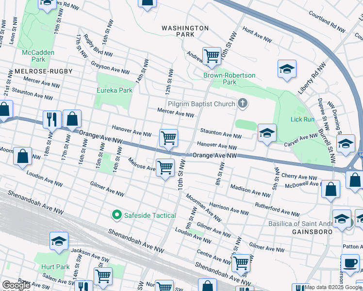 map of restaurants, bars, coffee shops, grocery stores, and more near 1020 Hanover Avenue Northwest in Roanoke