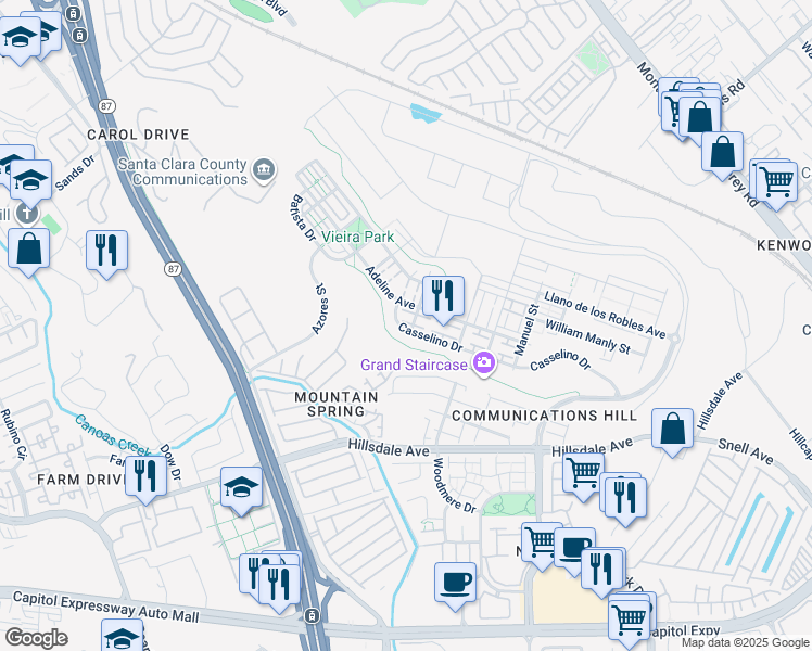 map of restaurants, bars, coffee shops, grocery stores, and more near 521 Casselino Drive in San Jose
