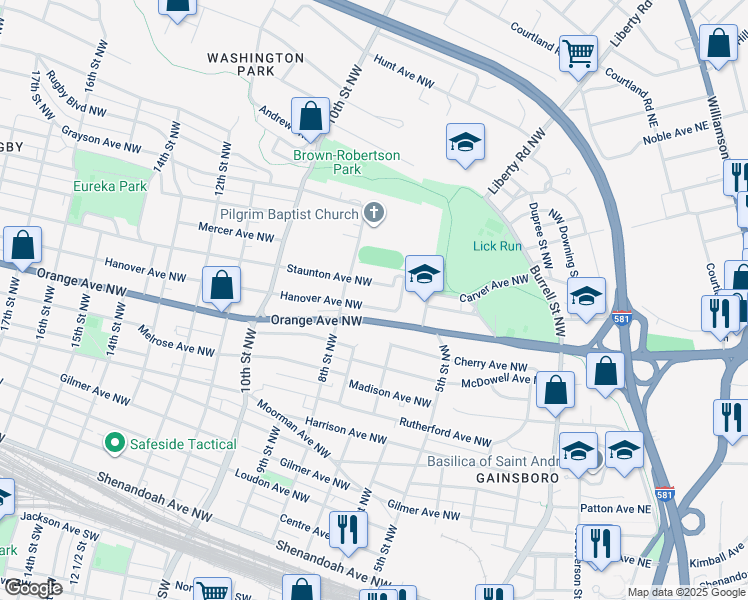 map of restaurants, bars, coffee shops, grocery stores, and more near 707 Hanover Avenue Northwest in Roanoke